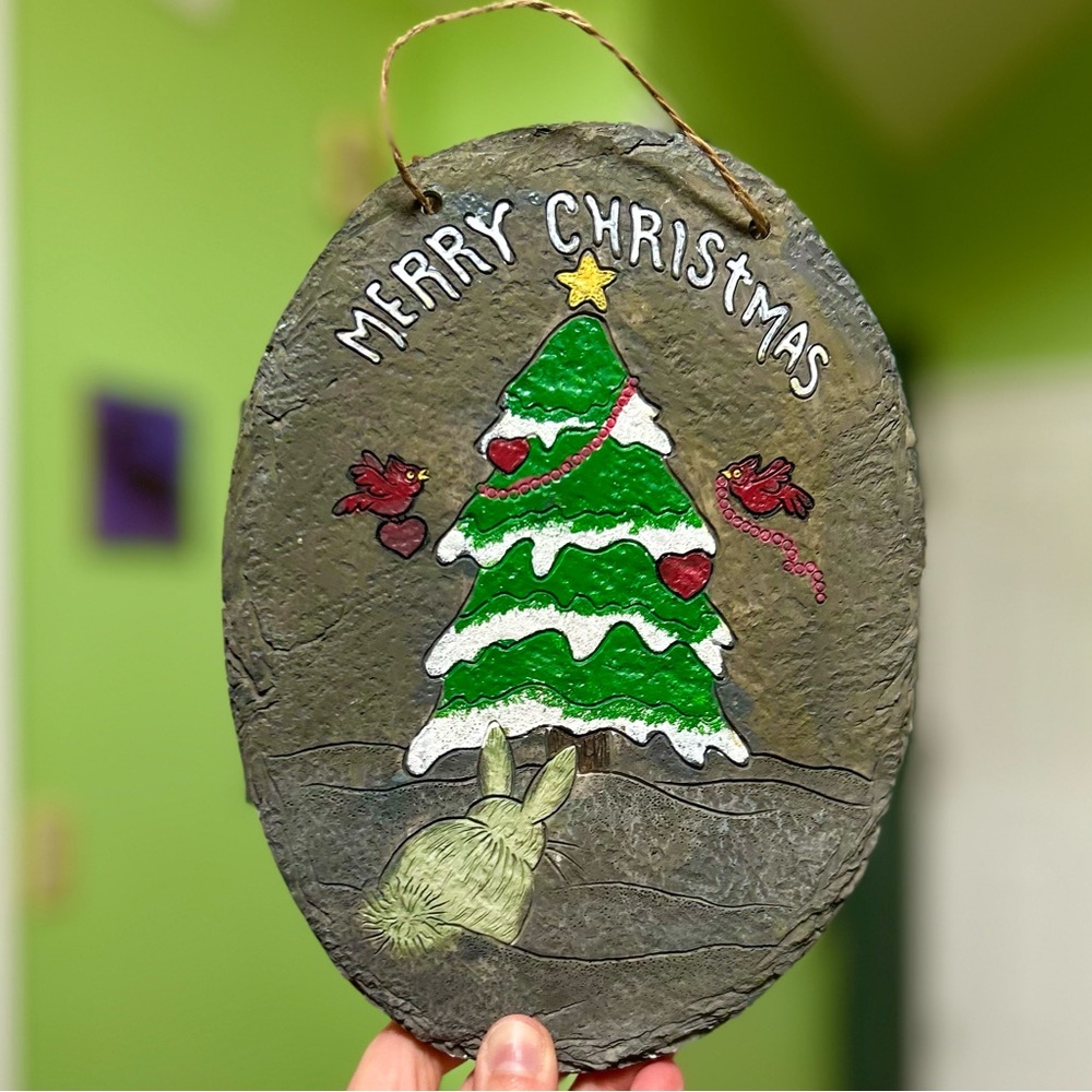 Charming Bunny Festive Christmas Holiday Stone Plaque Wall Hanging Art
